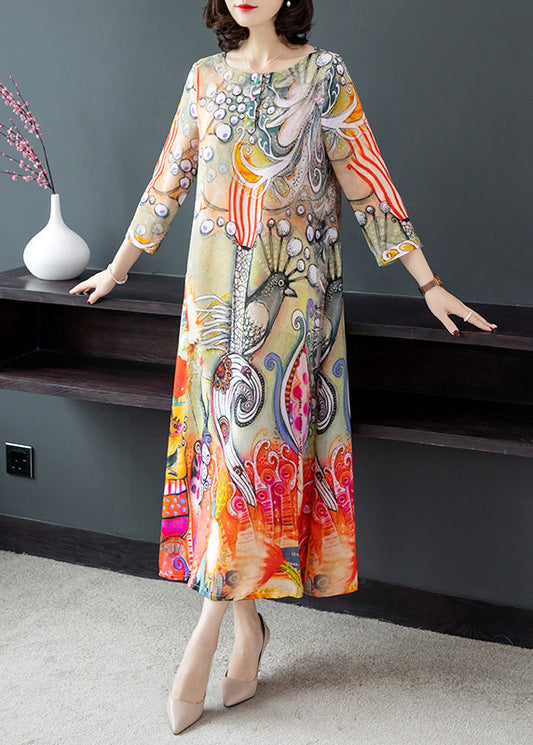 O-neck Print Silk Vacation Long Dresses Long Sleeve Ly1782