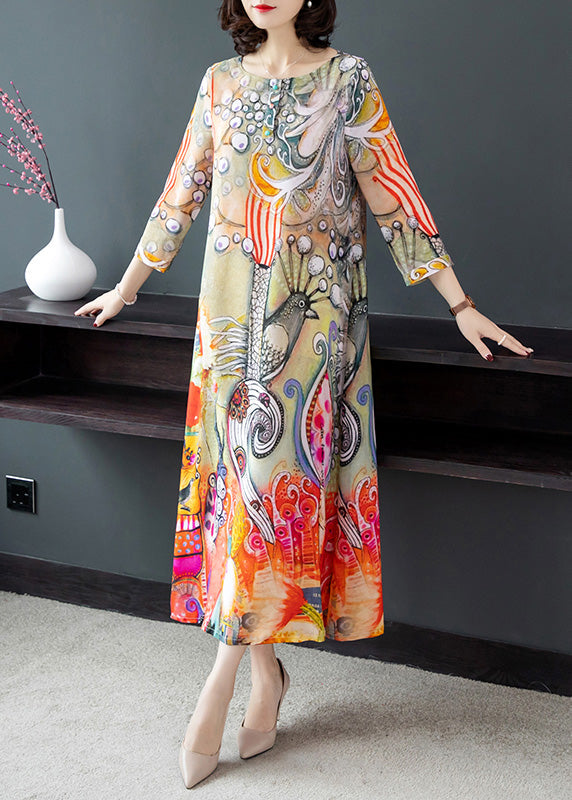 O-neck Print Silk Vacation Long Dresses Long Sleeve Ly1782