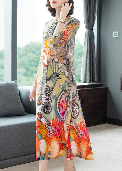 O-neck Print Silk Vacation Long Dresses Long Sleeve Ly1782