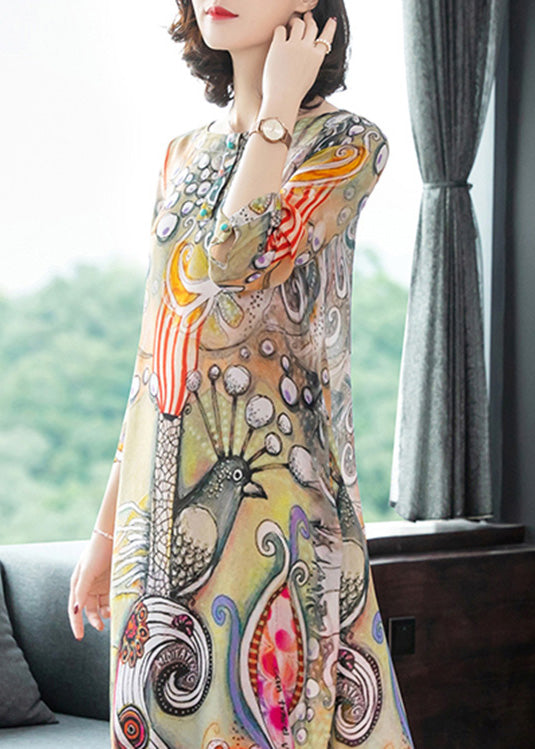 O-neck Print Silk Vacation Long Dresses Long Sleeve Ly1782