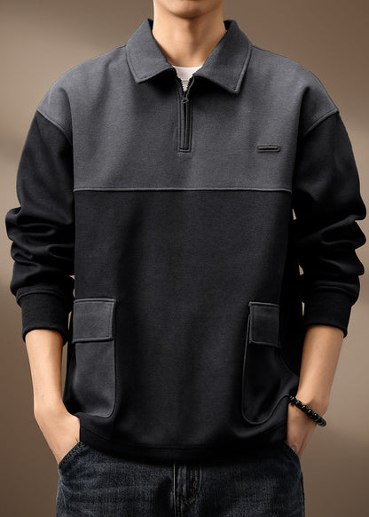 Cotton Spring Zip Green Olive Pockets Sweatshirt Patchwork Up Tc014