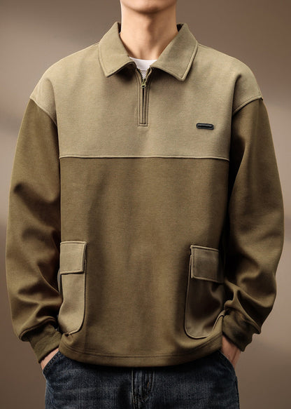 Cotton Spring Zip Green Olive Pockets Sweatshirt Patchwork Up Tc014