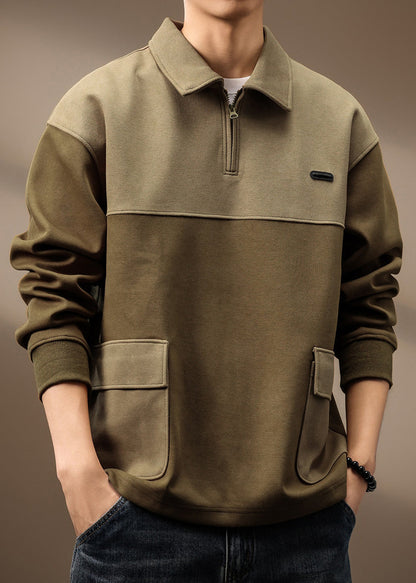 Cotton Spring Zip Green Olive Pockets Sweatshirt Patchwork Up Tc014