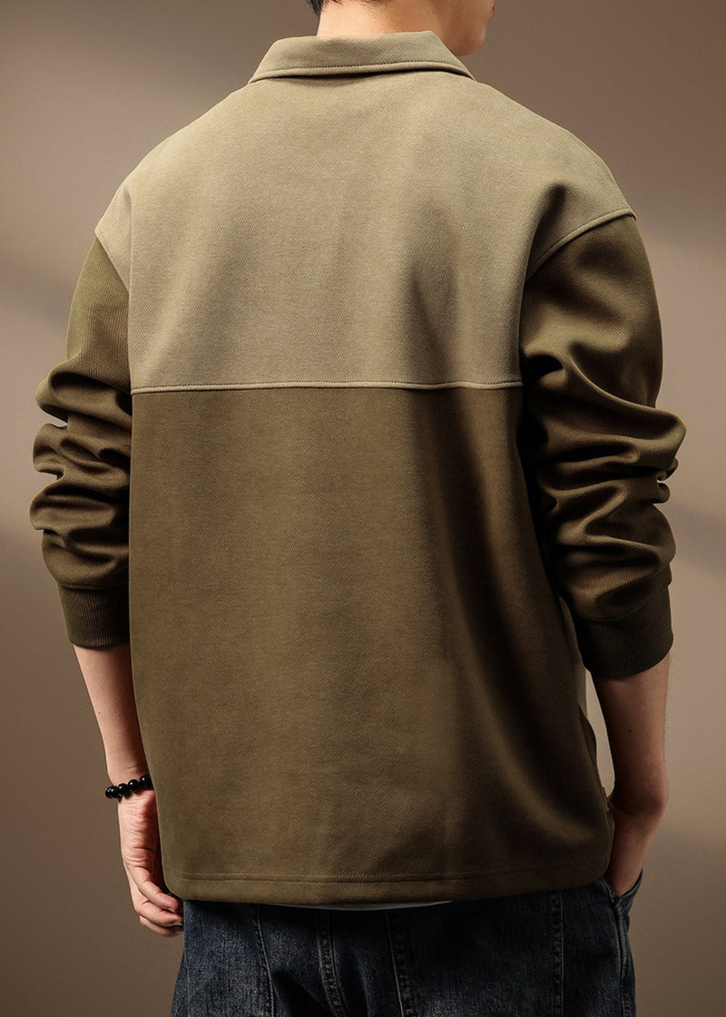 Cotton Spring Zip Green Olive Pockets Sweatshirt Patchwork Up Tc014