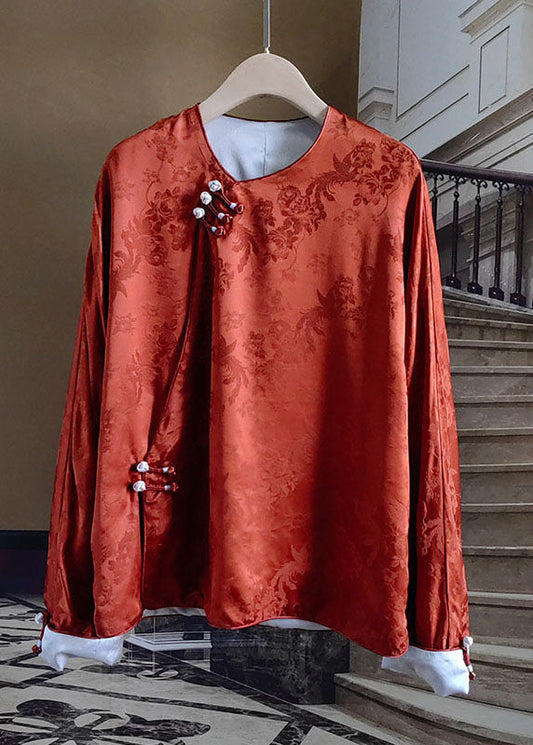 Orange Chinese Button Jacquard Patchwork Silk Blouses Spring Ly1063