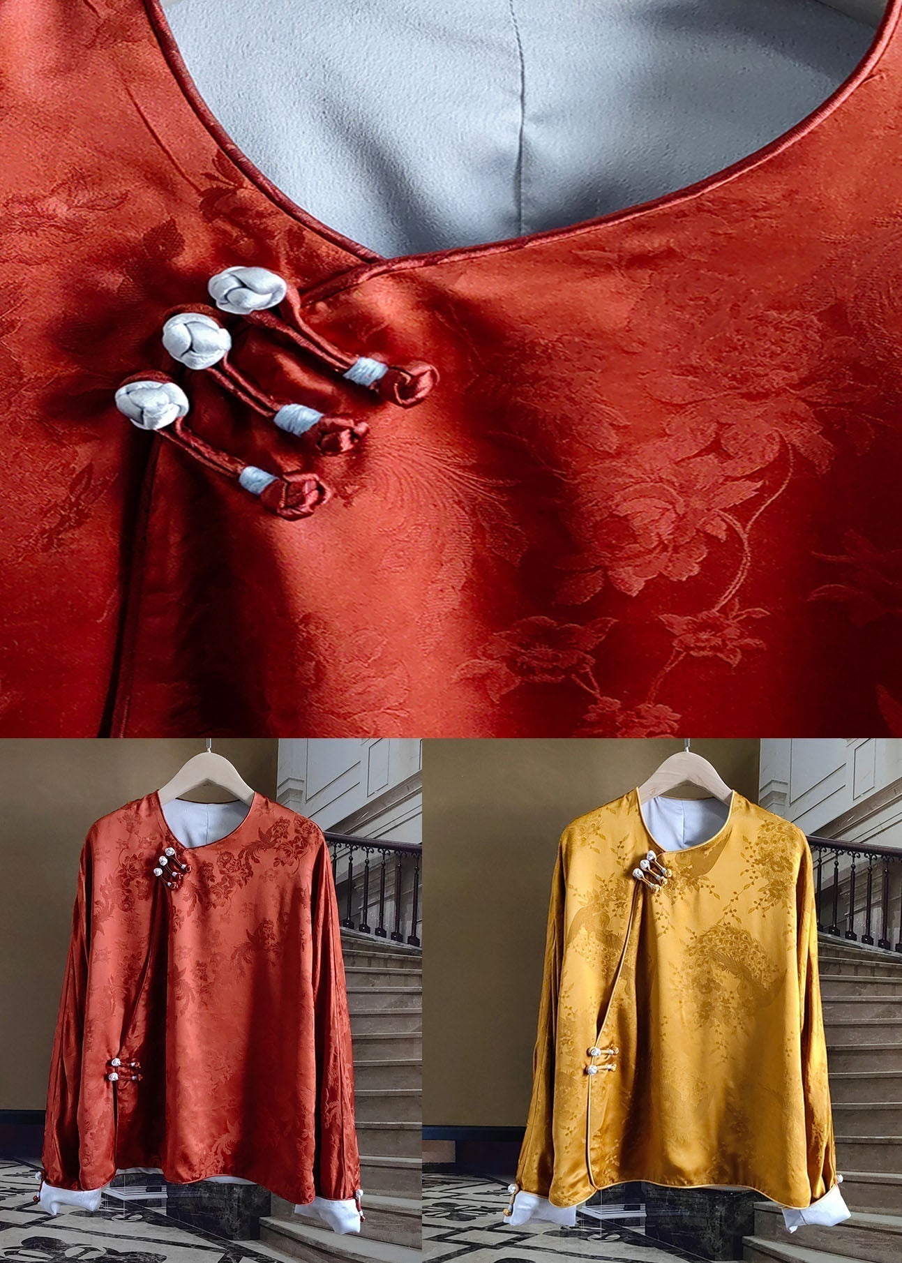 Orange Chinese Button Jacquard Patchwork Silk Blouses Spring Ly1063
