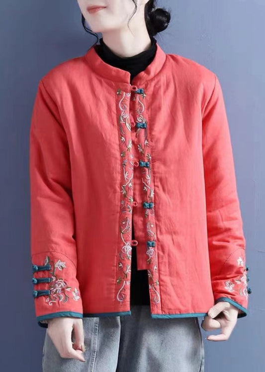 Orange Embroidered Button Cotton Filled Coats Winter Qg038