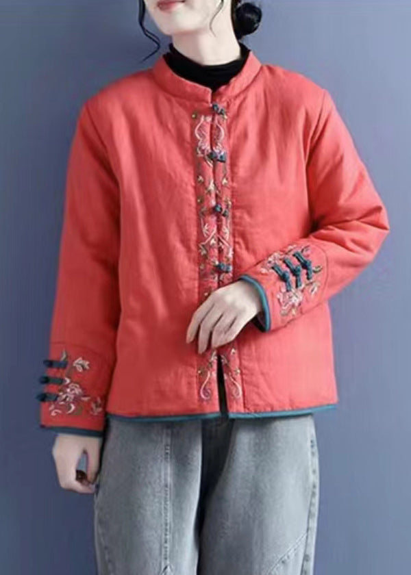 Orange Embroidered Button Cotton Filled Coats Winter Qg038