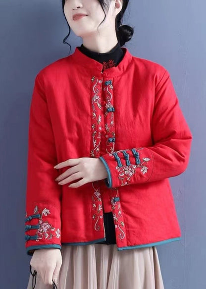 Orange Embroidered Button Cotton Filled Coats Winter Qg038