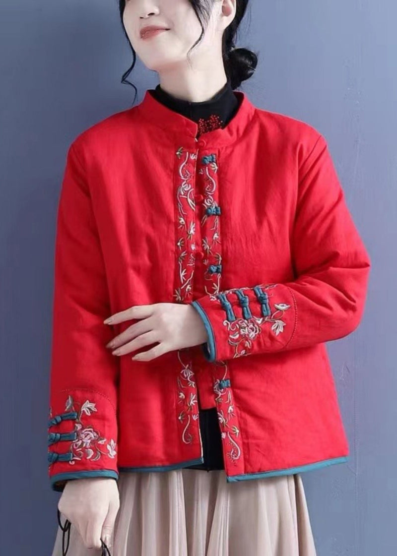 Orange Embroidered Button Cotton Filled Coats Winter Qg038