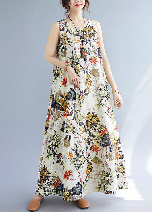 Orange Leaves Print O-neck Short Sleeve Bohemia Pleated Maxi Dress Lc0047