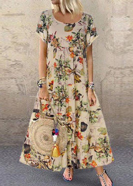 Orange O-neck Print Patchwork Maxi Dress Short Sleeve Lc0004