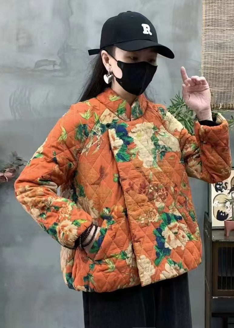 Orange Oversized Print Fine Cotton Filled Coats Winter Yo005
