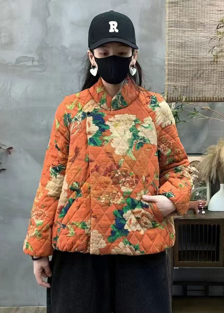 Orange Oversized Print Fine Cotton Filled Coats Winter Yo005