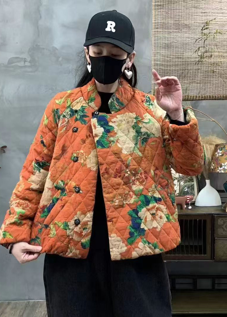 Orange Oversized Print Fine Cotton Filled Coats Winter Yo005