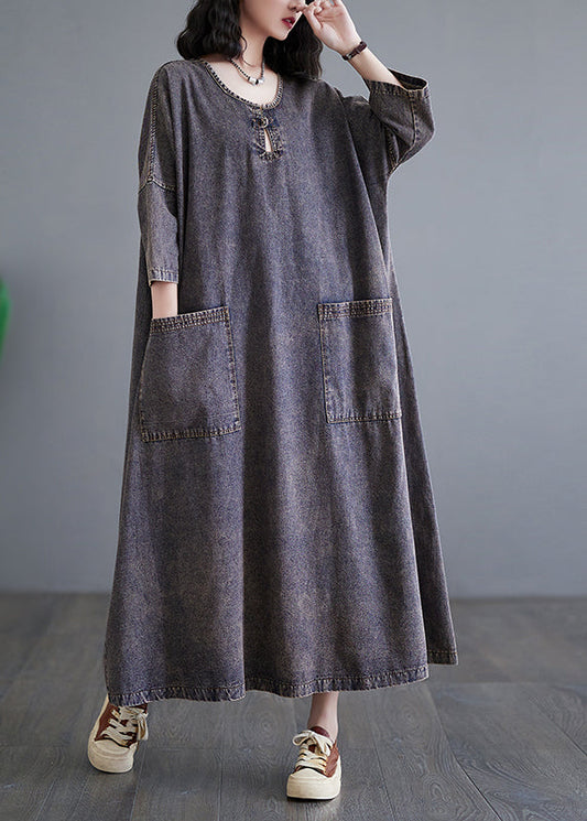 Patchwork Pockets Holiday Denim Long Dress Bracelet Sleeve Gh1054