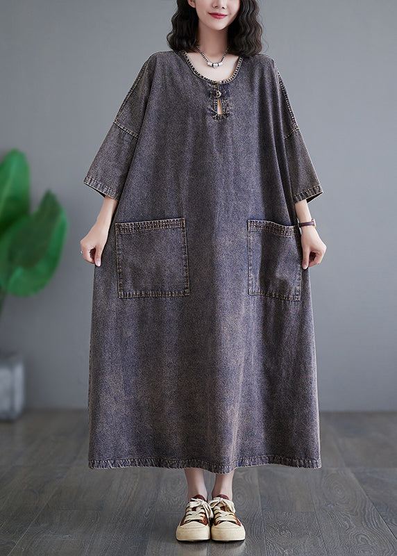 Patchwork Pockets Holiday Denim Long Dress Bracelet Sleeve Gh1054