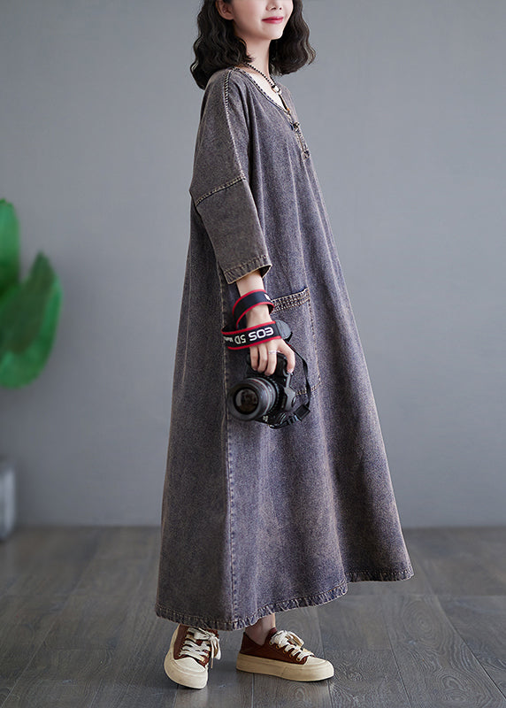 Patchwork Pockets Holiday Denim Long Dress Bracelet Sleeve Gh1054