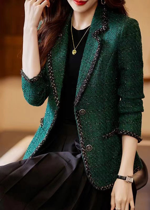 Peacock Green Patchwork Woolen Coat Spring Yj049