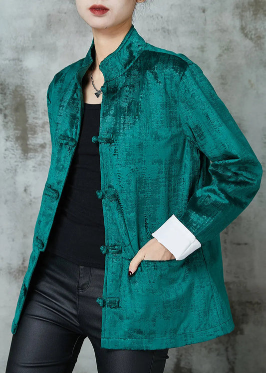 Peacock Green Stand Collar Chinese Button Cotton Coats Spring Jk1054