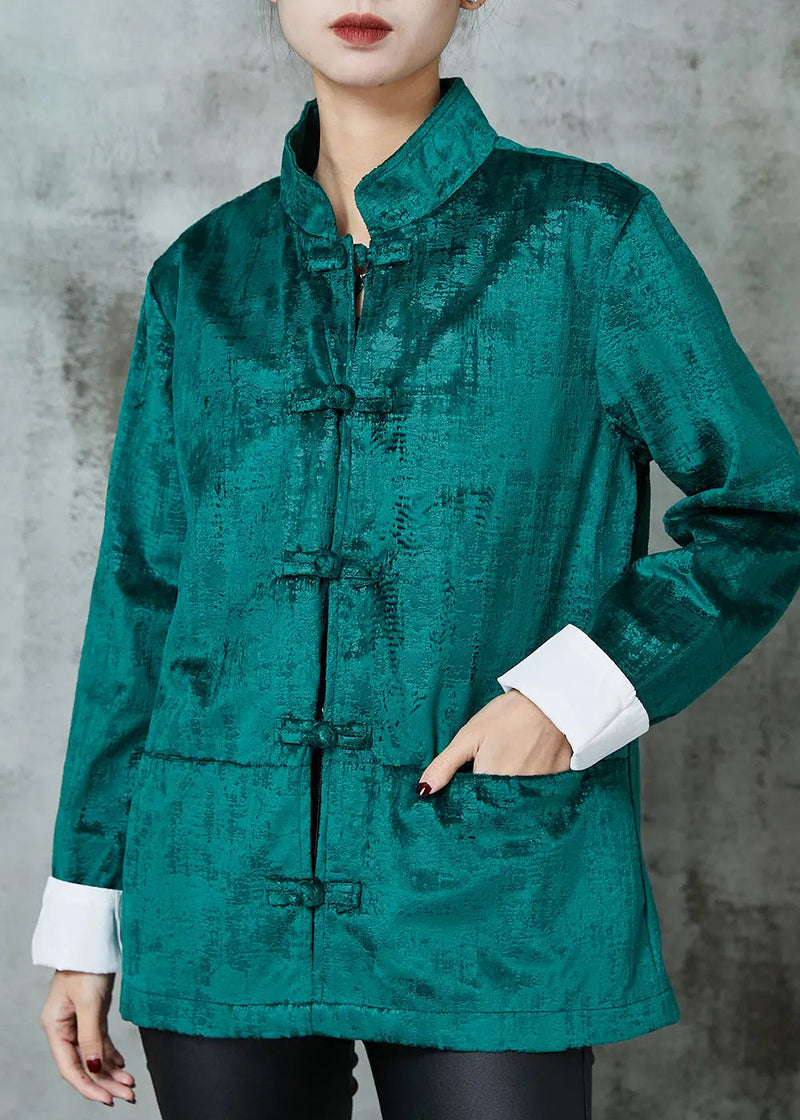 Peacock Green Stand Collar Chinese Button Cotton Coats Spring Jk1054