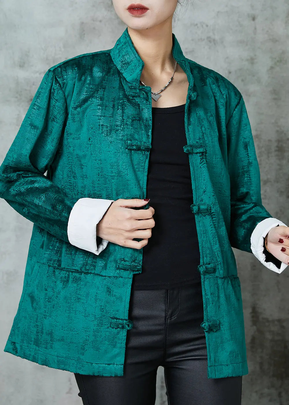 Peacock Green Stand Collar Chinese Button Cotton Coats Spring Jk1054