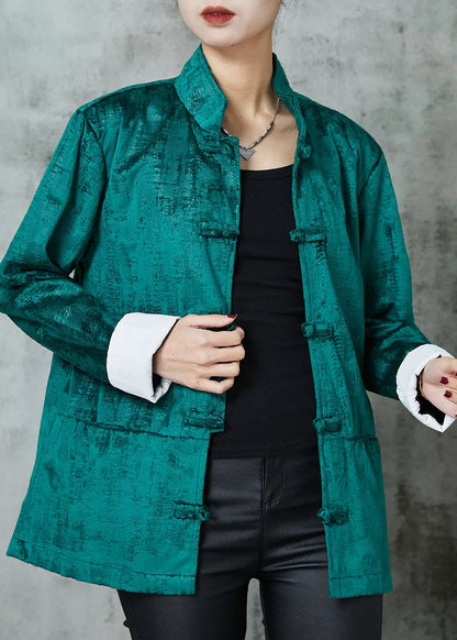 Peacock Green Stand Collar Chinese Button Cotton Coats Spring Jk1054
