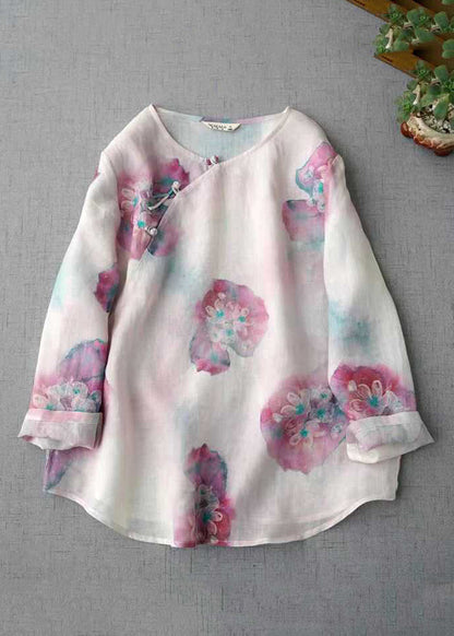 Pink O Neck Print Chinese Button Linen Blouse Top Fall Qk004