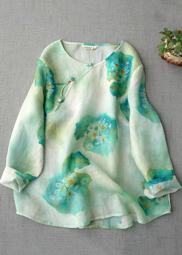 Pink O Neck Print Chinese Button Linen Blouse Top Fall Qk004