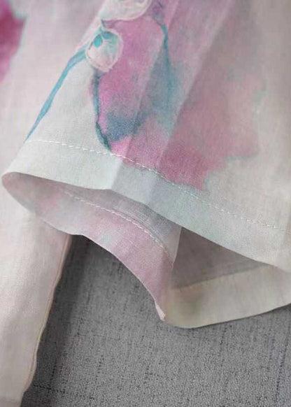 Pink O Neck Print Chinese Button Linen Blouse Top Fall Qk004