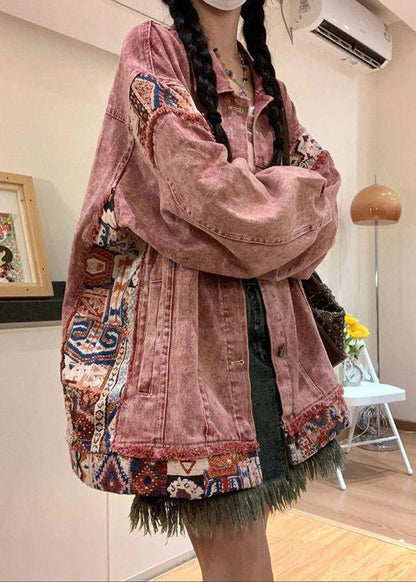 Pink Spring Pan Collar Denim Patchwork Coat Peter Button