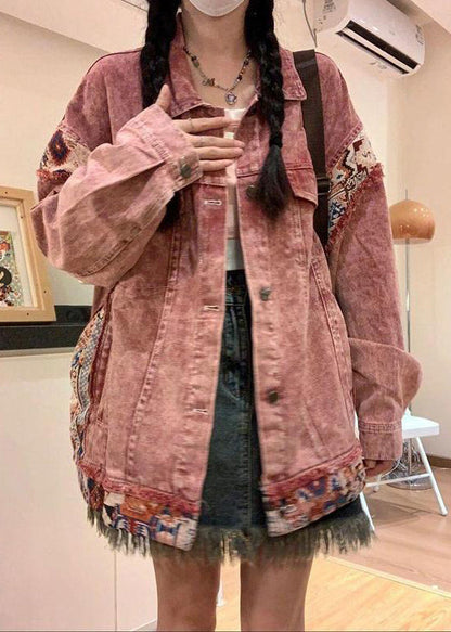 Pink Spring Pan Collar Denim Patchwork Coat Peter Button
