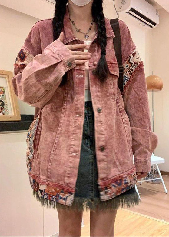 Pink Spring Pan Collar Denim Patchwork Coat Peter Button