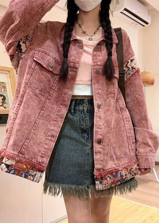 Pink Spring Pan Collar Denim Patchwork Coat Peter Button