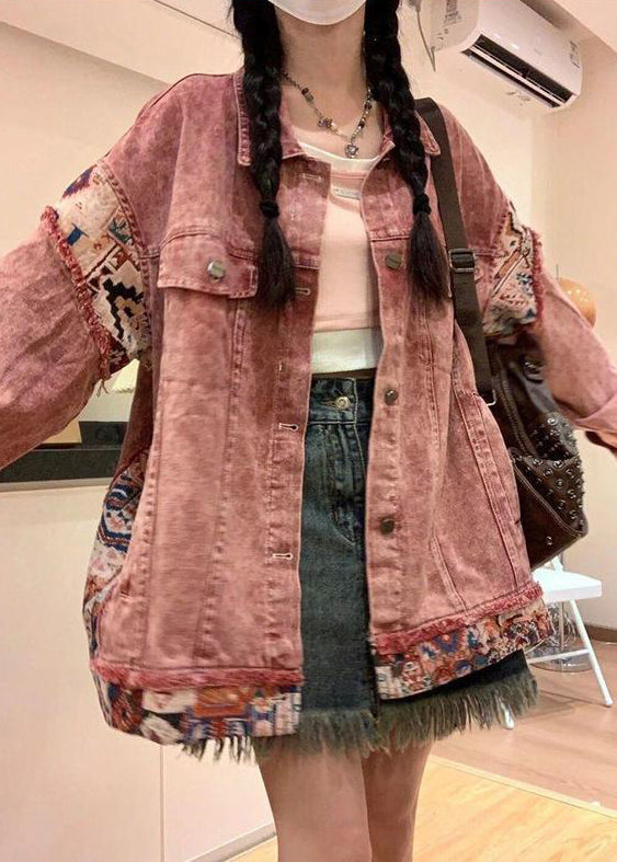 Pink Spring Pan Collar Denim Patchwork Coat Peter Button