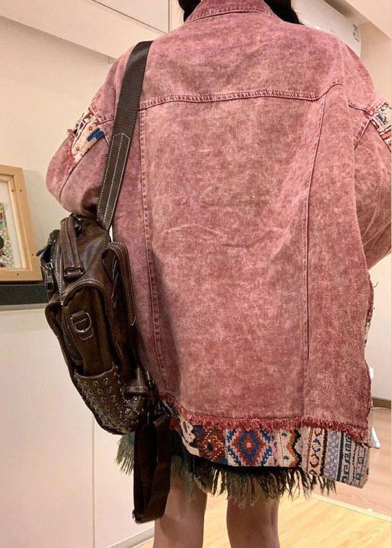 Pink Spring Pan Collar Denim Patchwork Coat Peter Button