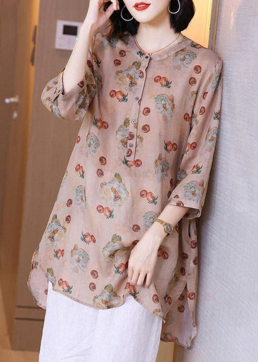 Pink Print Pockets Patchwork Linen Blouse Top Summer Tp1017