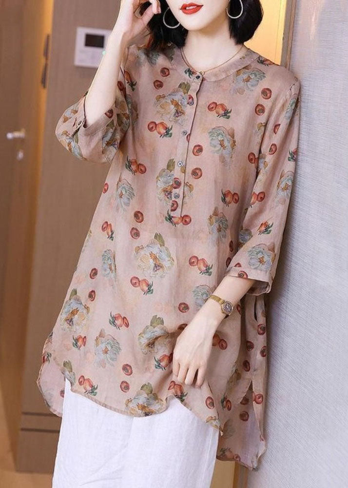 Pink Print Pockets Patchwork Linen Blouse Top Summer Tp1017
