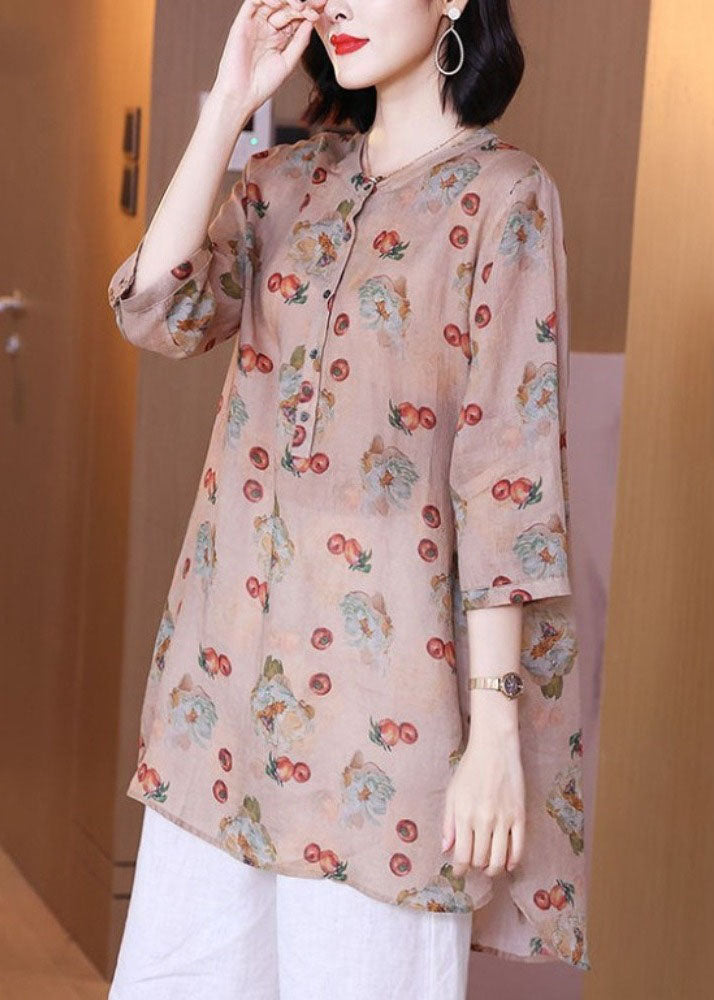 Pink Print Pockets Patchwork Linen Blouse Top Summer Tp1017