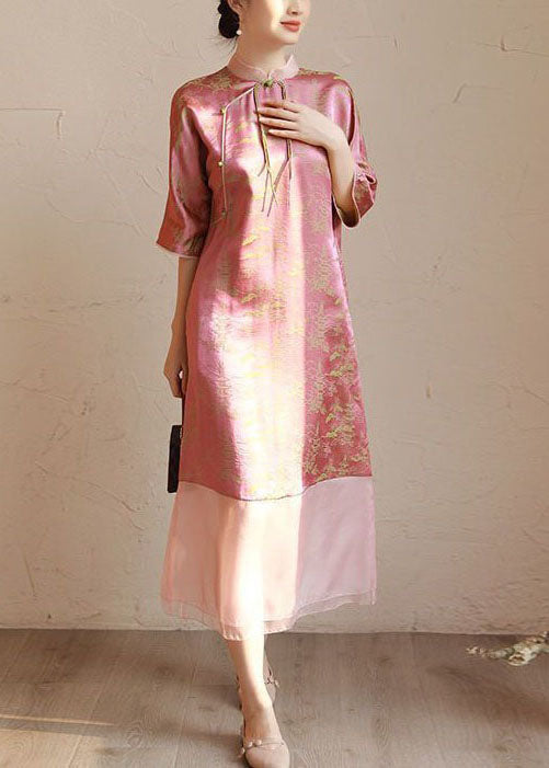 Pink Stand Collar Tasseled Print Patchwork Silk Long Dress Summer Ti1018