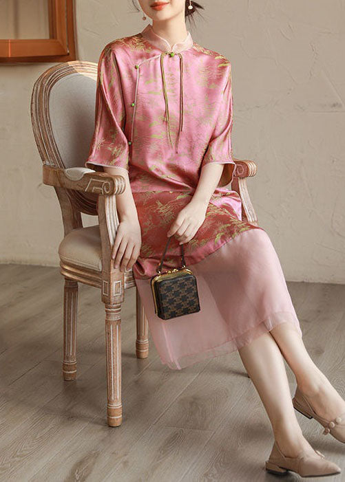 Pink Stand Collar Tasseled Print Patchwork Silk Long Dress Summer Ti1018