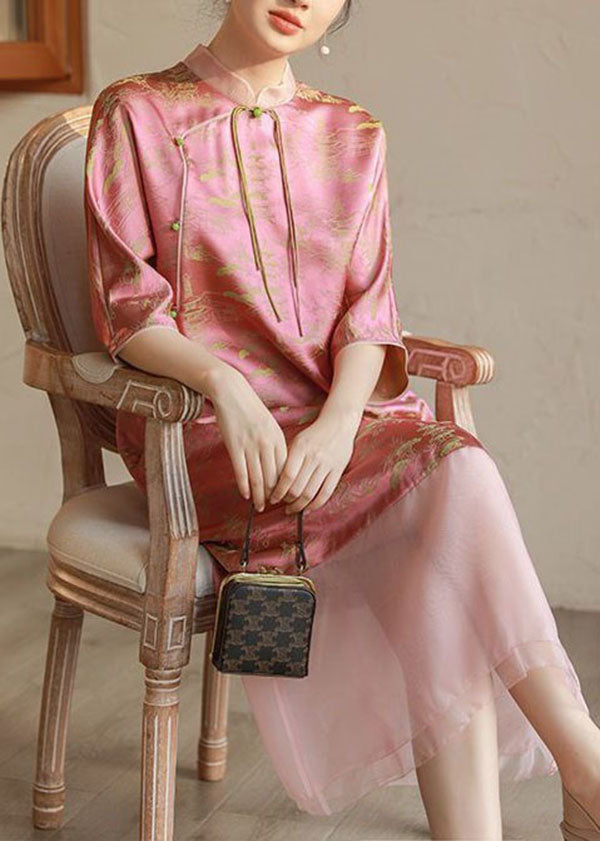 Pink Stand Collar Tasseled Print Patchwork Silk Long Dress Summer Ti1018