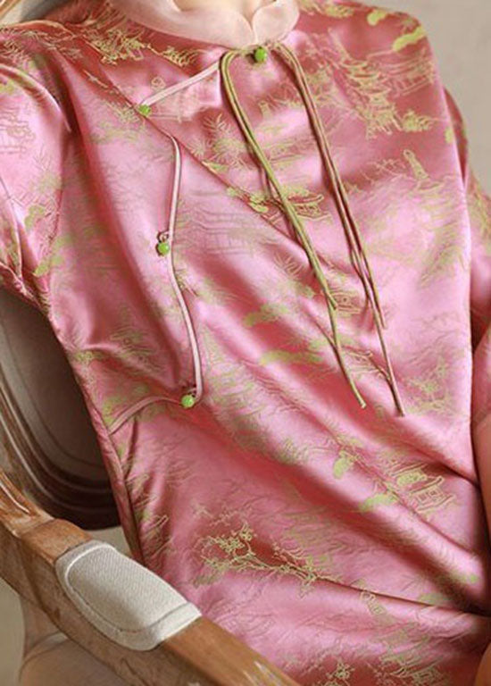Pink Stand Collar Tasseled Print Patchwork Silk Long Dress Summer Ti1018