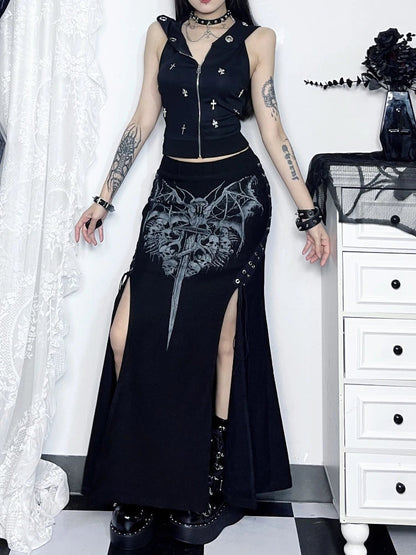 Print High Waist Mermaid Maxi Gothic Long Gothic Print High-slit Skirt