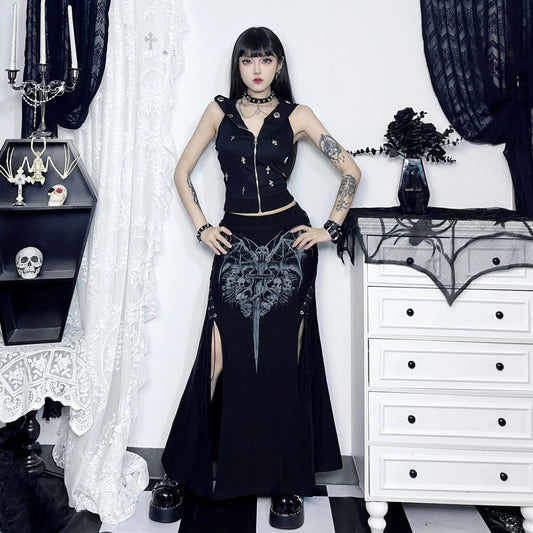 Print High Waist Mermaid Maxi Gothic Long Gothic Print High-slit Skirt
