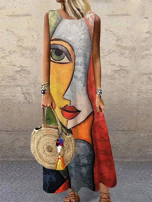 Print Sleeveless Long Dresses Summer O Neck Loose Maxi Dress Temperament Commuting Clothing Vestido Female