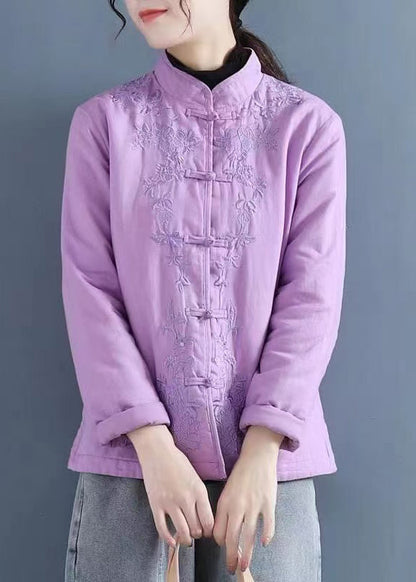 Purple Embroidered Oriental Button Fine Cotton Filled Coats Spring Ti014