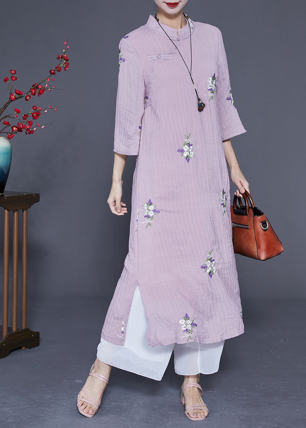 Purple Embroideried Chinese Button Linen Long Dresses Bracelet Sleeve Ly1845