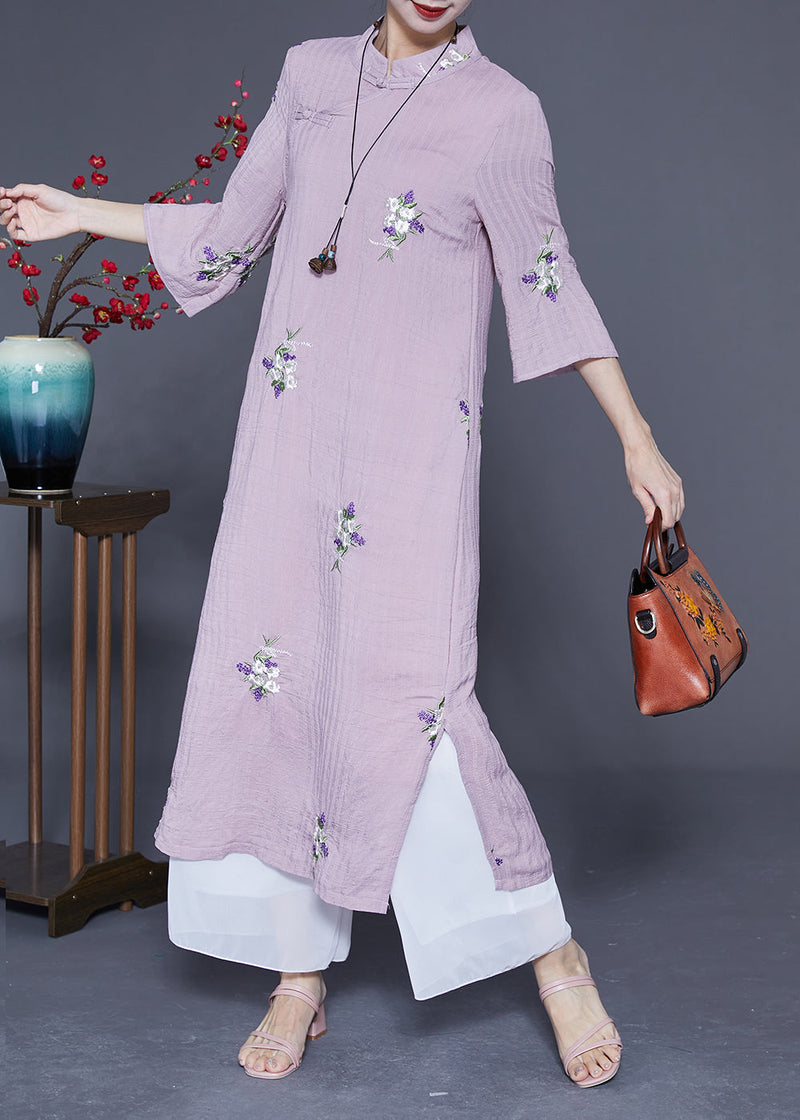 Purple Embroideried Chinese Button Linen Long Dresses Bracelet Sleeve Ly1845