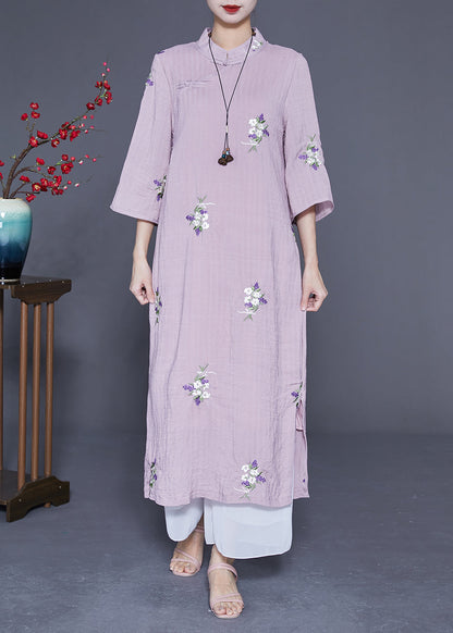 Purple Embroideried Chinese Button Linen Long Dresses Bracelet Sleeve Ly1845